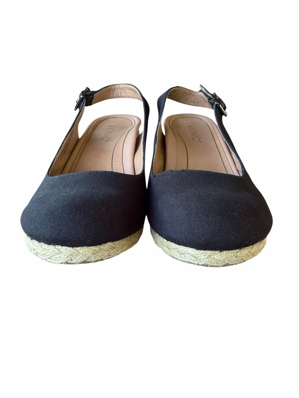 Vionic Black and Tan Coralina Espadrille Wedge Slingback closed Toe Sandal Sz 11